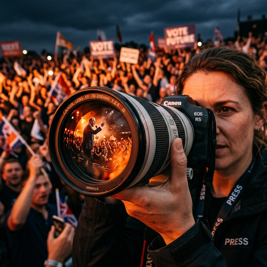 Persfotograaf bij politieke bijeenkomst